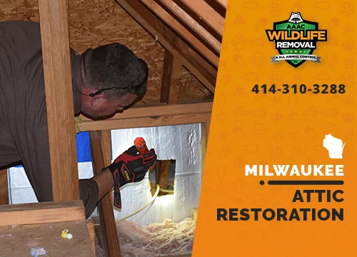 Wildlife Pest Control operator inspecting an attic in Milwaukee before restoration
